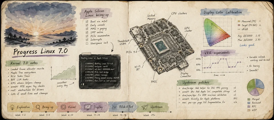 Worn notebook sketch of Apple Silicon Linux bring-up notes and board diagrams