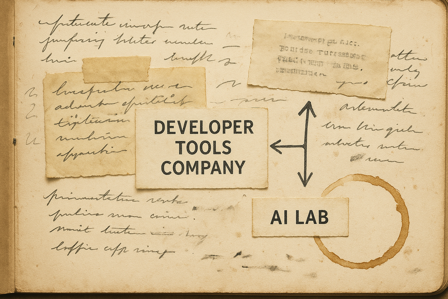 Worn journal spread with Python tooling notes, merge arrows, and product roadmap scraps