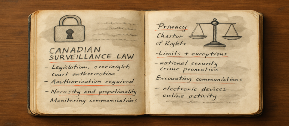 Worn journal spread with legal notes, privacy symbols, and surveillance bill annotations