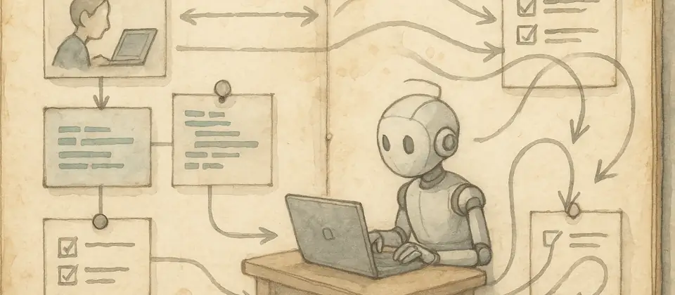 Worn journal spread with hand-drawn product mockups, layout sketches, and AI collaboration notes