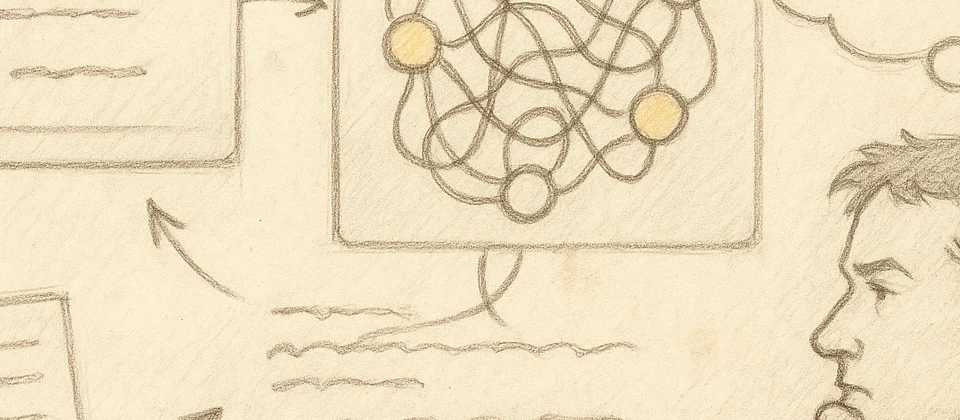Worn journal sketch of atmospheric scattering layers over a sunset horizon