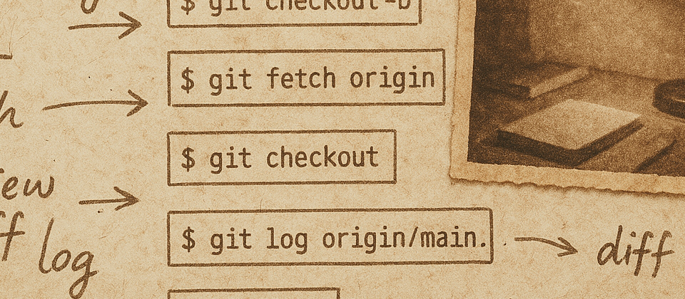 Worn journal collage with Git command notes, terminal snippets, and desk ephemera