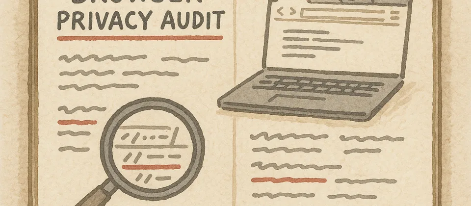 Worn privacy journal with browser tabs and annotated file paths