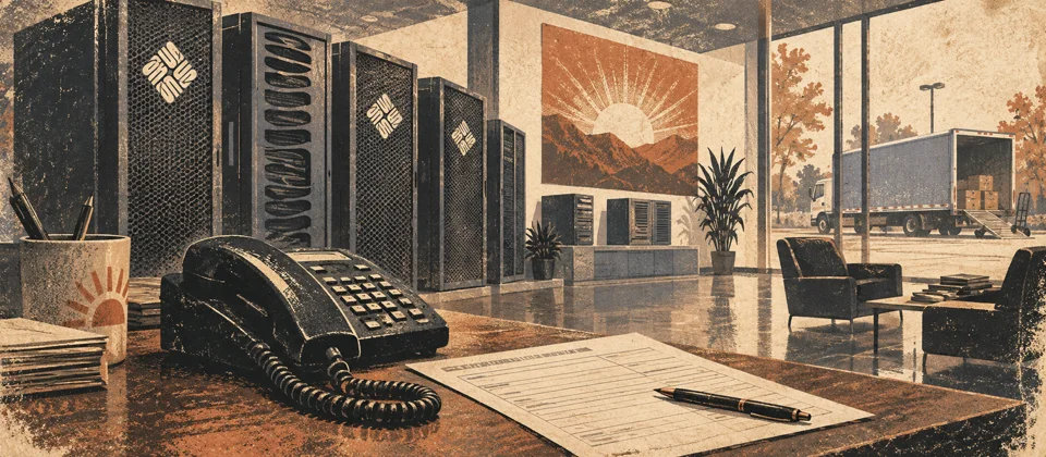 An unanswered sales phone beside Sun servers