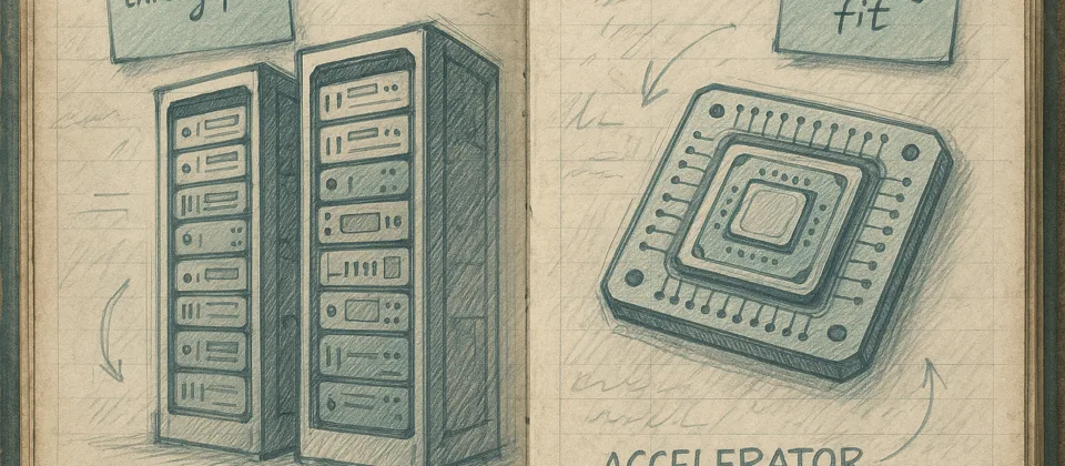 Aged engineering notebook with accelerator chips and server sketches