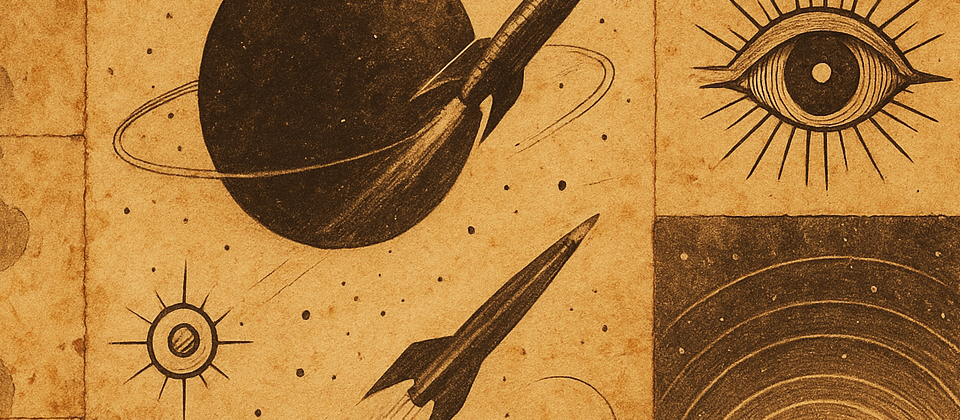 Aged sci-fi notebook with star charts, entropy equations, and handwritten timeline annotations