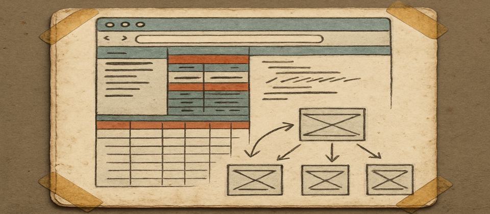 Worn journal spread with browser debugging traces and coding-agent workflow sketches