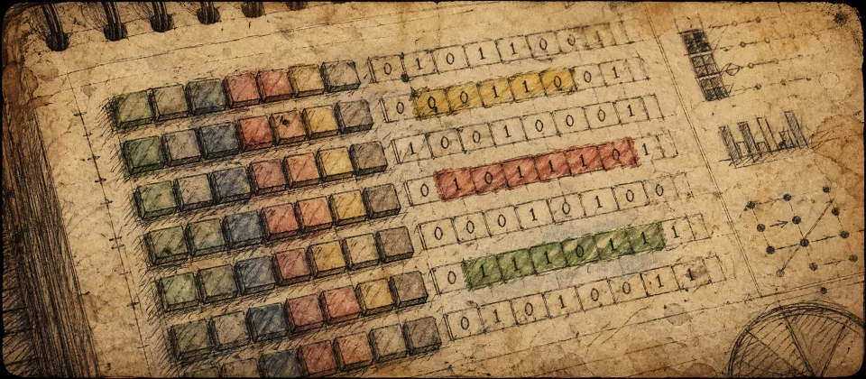 Aged journal drawing of colorful byte blocks and bit patterns