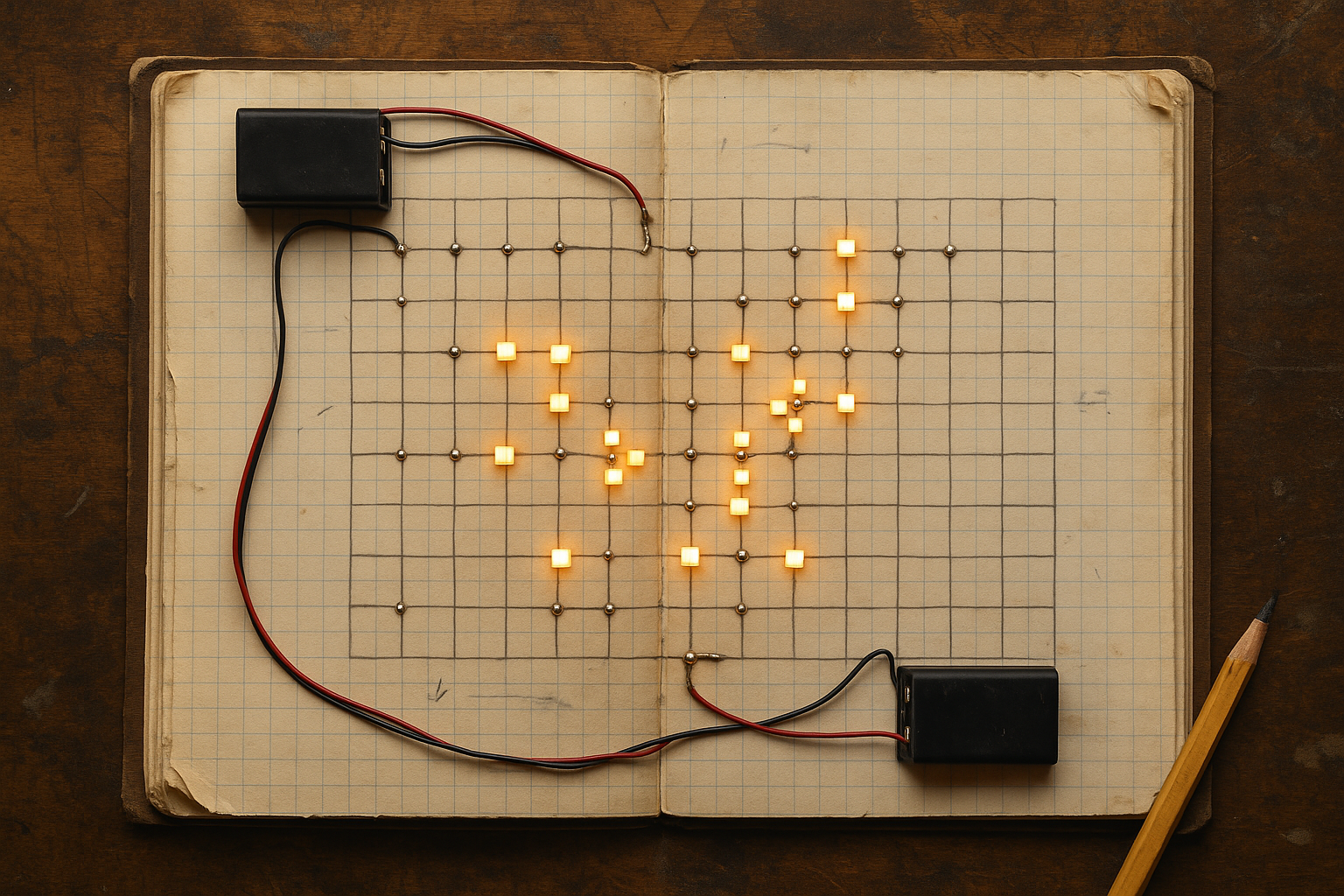 Worn journal spread with hand-drawn cellular automata grid and electronics workshop sketches