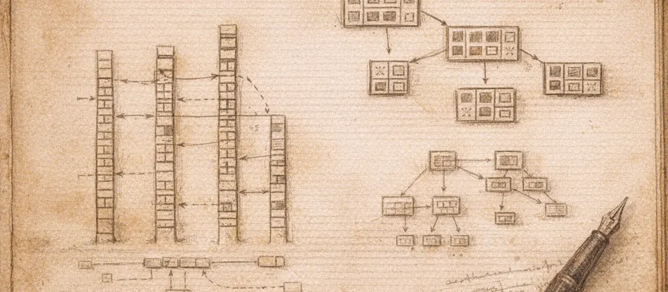 Aged engineering notebook with sketched skip-list towers, tree nodes, and benchmark arrows