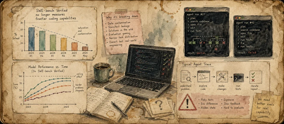 Aged journal sketch of benchmark charts, test traces, and coding agent terminals