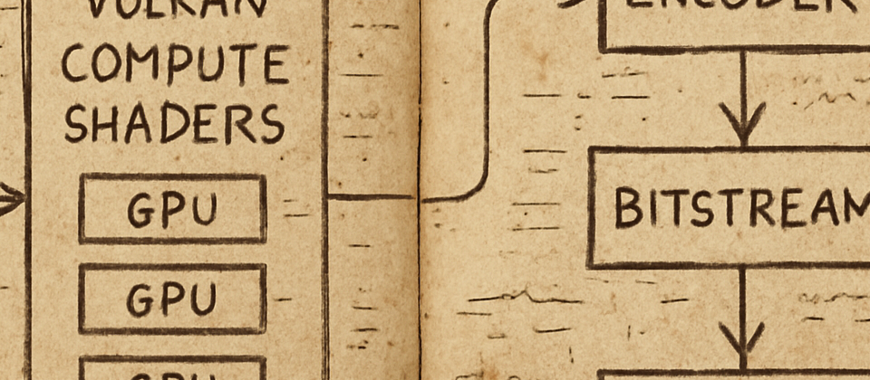 Worn journal spread with GPU video pipeline and codec diagrams