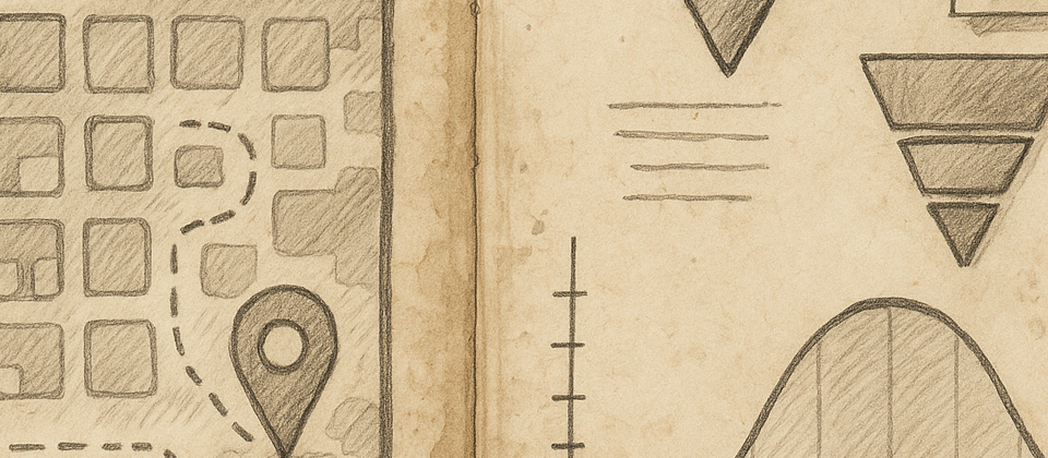 Worn notebook page with product funnels, app icons, and AI adoption sketches