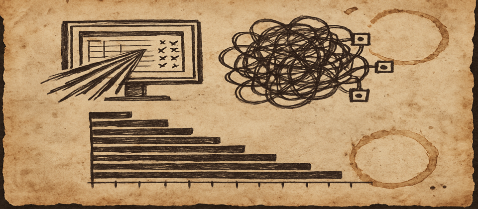 Worn journal spread with ad-tech network waterfalls and overloaded page diagnostics