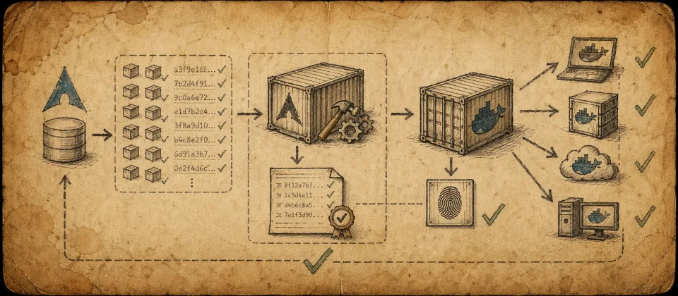 Worn paper sketch of container layers with reproducible hash checks