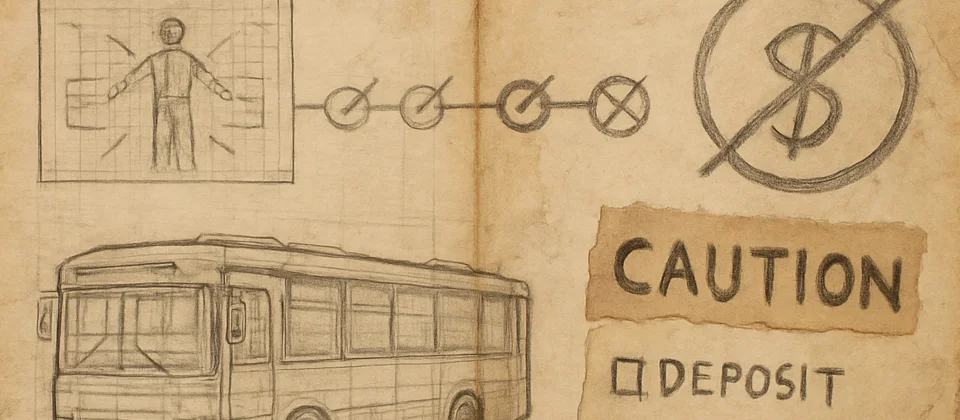 Worn production notebook with unpaid invoice and AR bus diagrams
