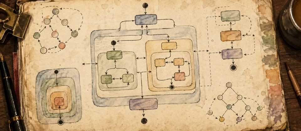 Worn paper sketch of hierarchical state machine boxes and transition arrows