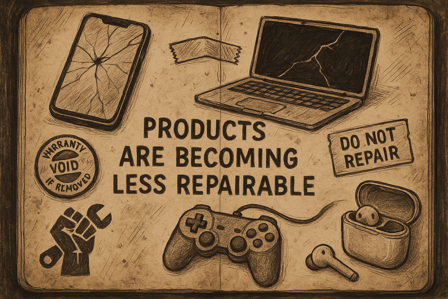 Worn journal spread with broken seals, gadget diagrams, and right-to-repair motif sketches