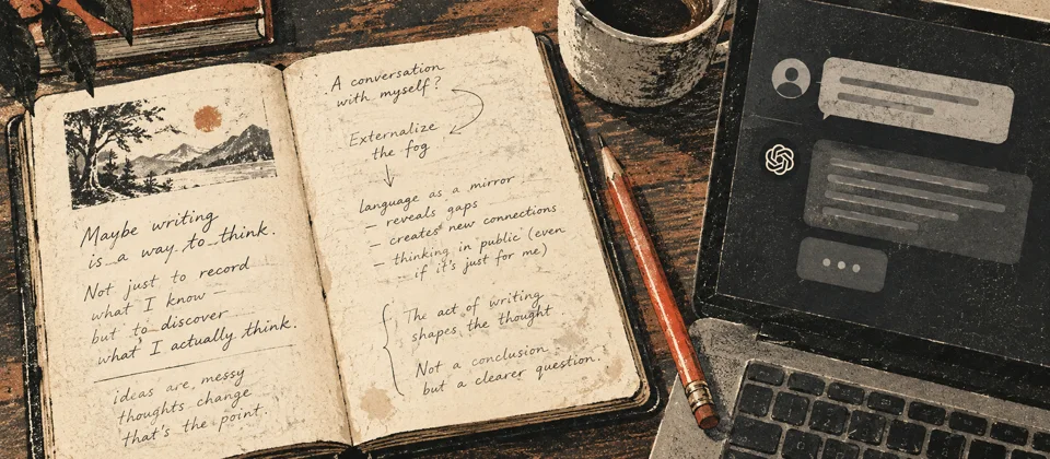 A handwritten notebook beside an AI chat screen