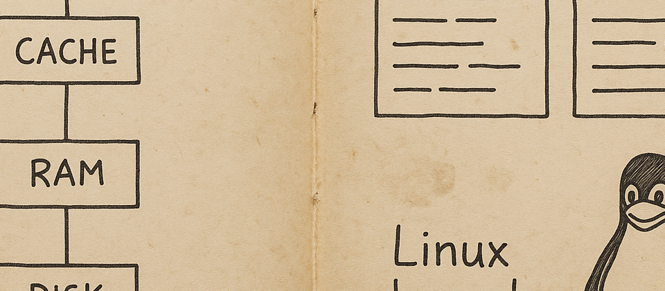 Worn journal page comparing memory compression paths and Linux swap diagrams