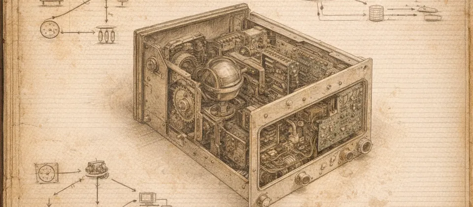 Distressed avionics notebook with analog computer mechanisms and bombing-trajectory sketches