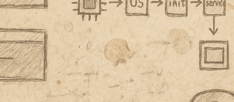 Worn field journal with tiny Linux boot notes and data-pipeline arrows