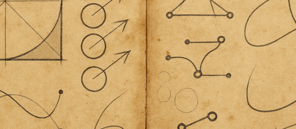 Worn journal spread with vector paths and video frame overlays