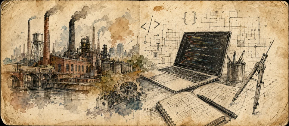 Vintage notebook sketch mixing factory machinery and software diagrams