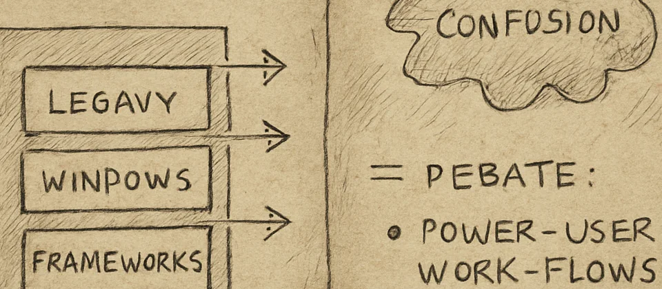 Aged product strategy notebook with overlapping Windows UI framework sketches