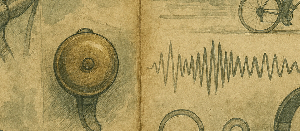 Aged urban cycling journal collage with bell design sketches and sound-wave diagrams