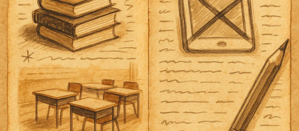 Aged classroom journal with books, pencils, and crossed-out tablet sketches