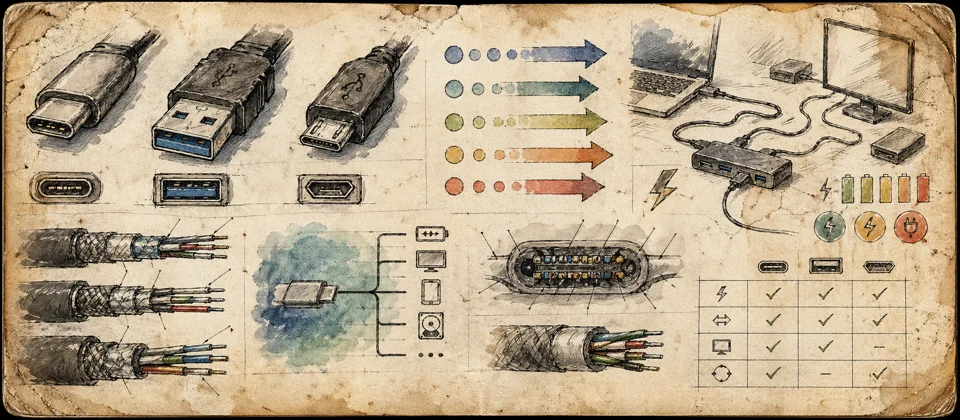 Weathered notebook sketch of USB connectors, pinouts, and speed markings