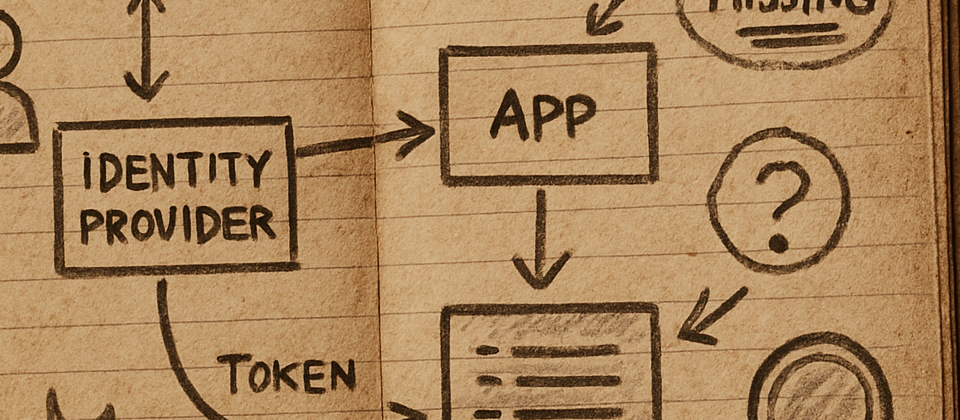 Worn journal spread with identity tokens, alert logs, and incident notes