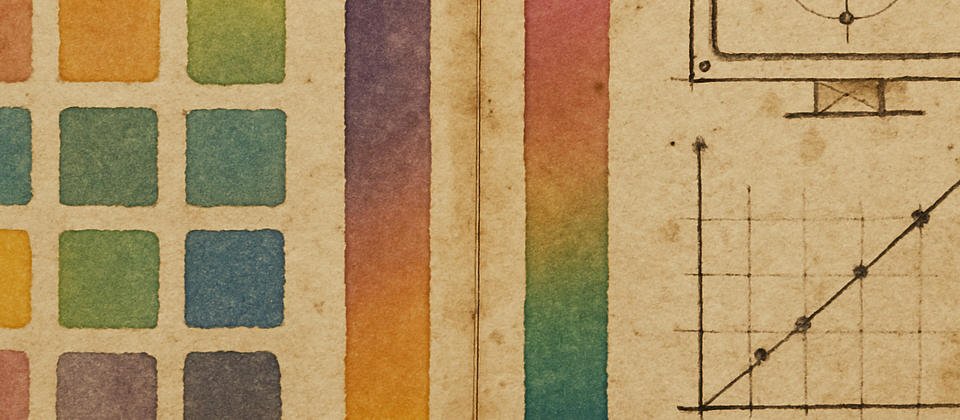 Worn journal spread with color swatches and CSS notation sketches