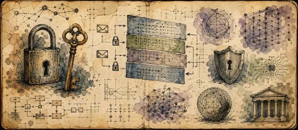 Worn notebook sketch of cryptography locks, keys, and packet flows