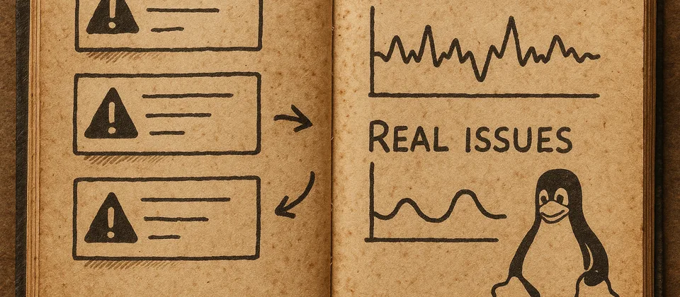 Worn engineering journal with bug triage queues and signal-versus-noise charts