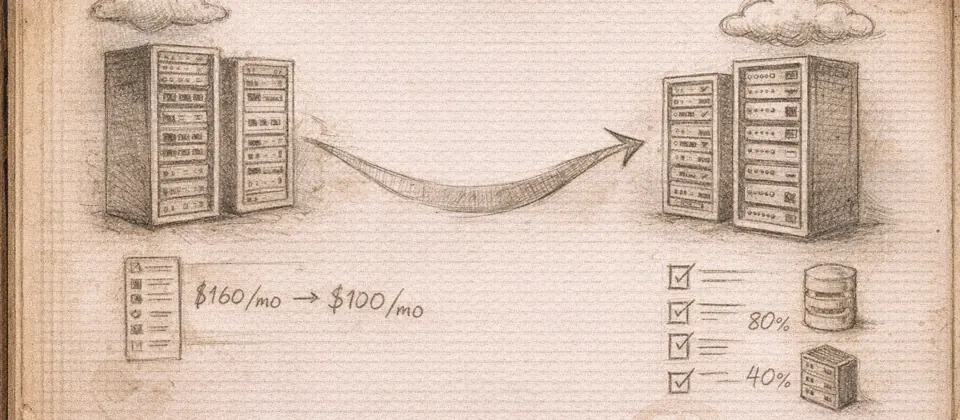 Weathered operations notebook with cloud migration arrows, server racks, and cost checklist