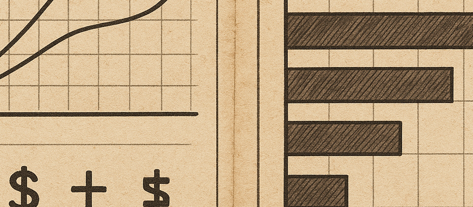 Aged engineering journal with benchmark bars and terminal search notes