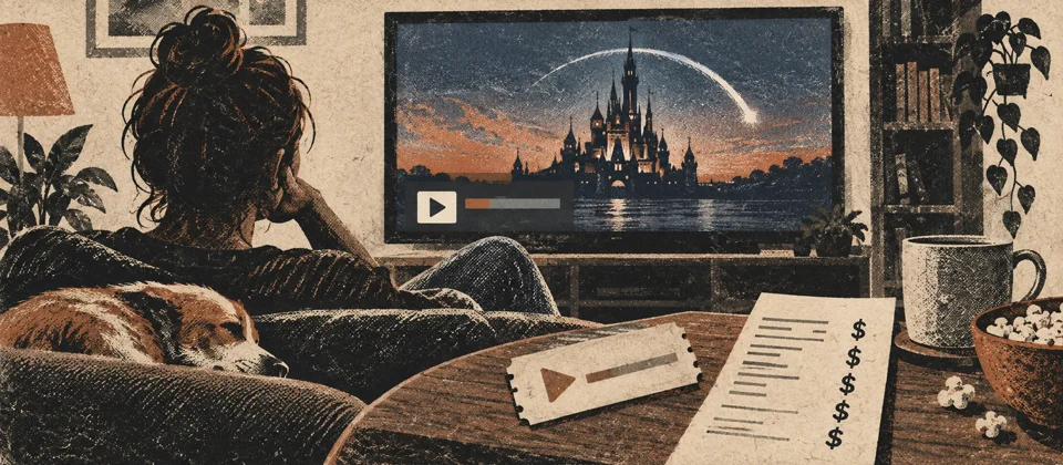 A streaming film beside an ad ticket and subscription bill