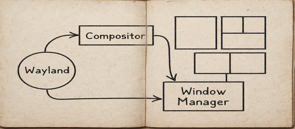 Worn journal spread with compositor and window-manager split architecture diagrams